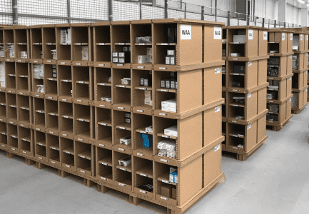 A series of PIX warehouse storage units in situ, with many of the pick faces filled