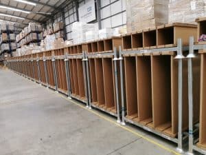 PIX warehouse storage bins in an NHS warehouse, showing the pick faces from a front on view