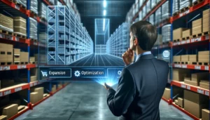 Photo-of-a-warehouse-manager-analyzing-a-3D-holographic-model-of-the-storage-layout-contemplating-between-expansion-and-optimization