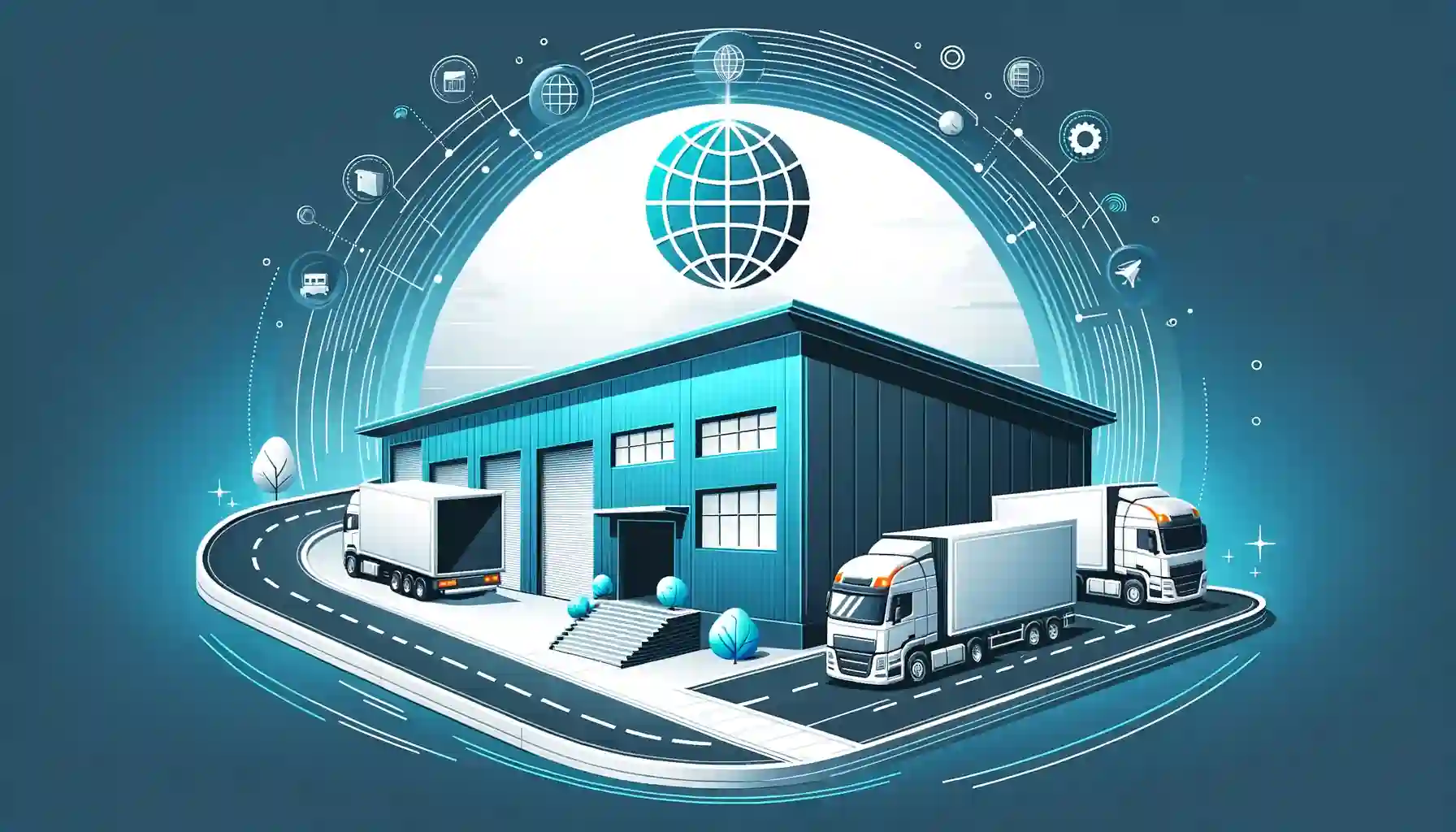 Illustration-of-a-stylized-warehouse-exterior-with-a-dynamic-modern-design-with-trucks-parked-outside-and-a-globe-icon-overhead-representing-global